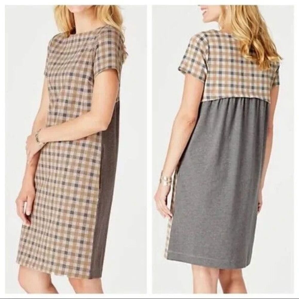 J Jill Shift Dress Womens S Tan Gray Check Ponte Knit Stretch Country Chic